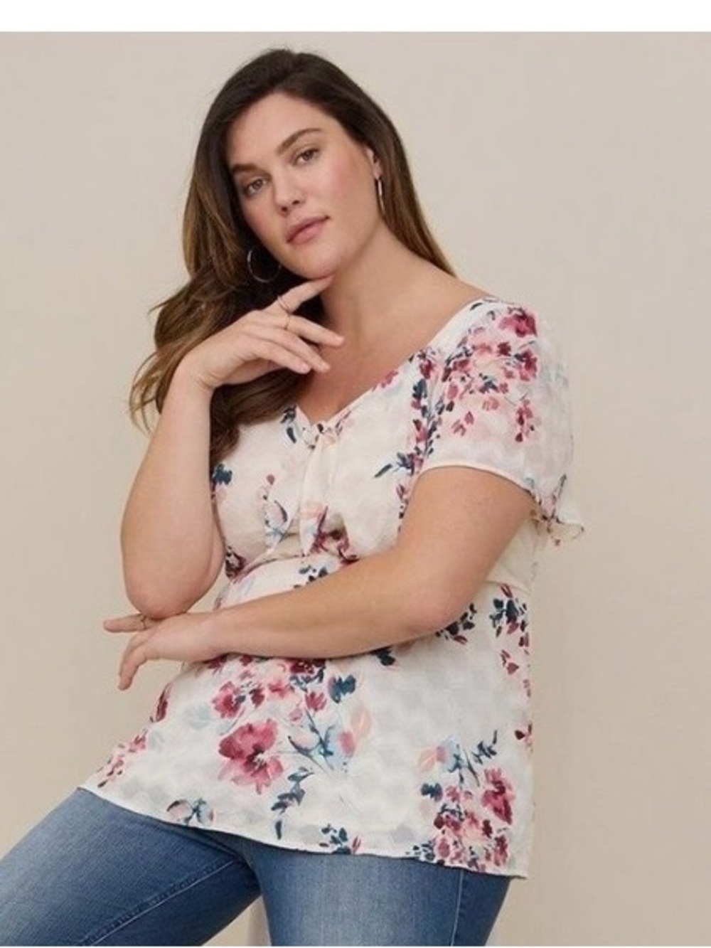 Torrid White Floral Fit And Flare Textured Chiffon Top Size 00 10 Med